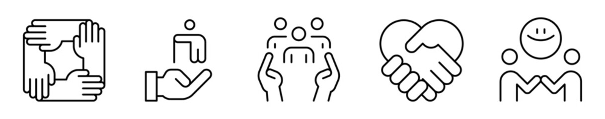 Conjunto de iconos de inclusión y respeto. Diversidad y unión. Trabajo en equipo, ayuda a personas con discapacidad, protección social, empatía, conexión