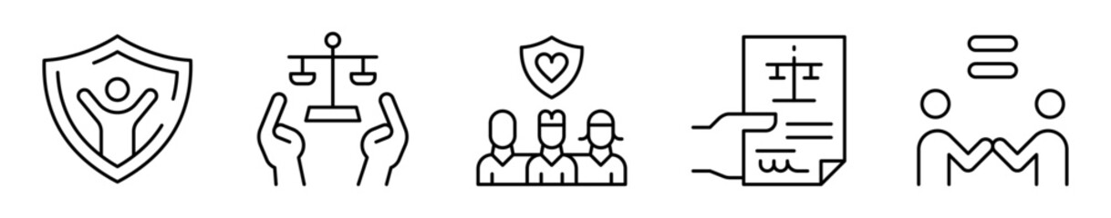 Conjunto de iconos de derechos humanos. Protección y justicia. Seguridad, equidad, protección y unión solidaria. Ilustración vectorial