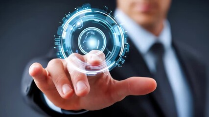 Businessman hand touching futuristic holographic interface with blue digital rings, virtual reality projection, advanced technology display, interactive cyber communication system, modern innovation. - Powered by Adobe