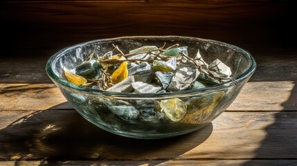 Decorative Bowl of Colorful Stones with Natural Twigs Under Light