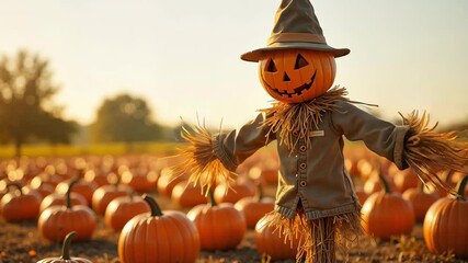 Scarecrow with a glowing pumpkin head in a pumpkin field at sunset, evoking the spirit of Halloween.