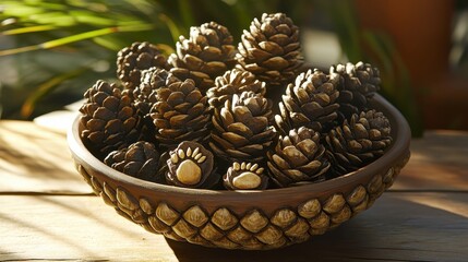 Decorative Bowl of Pine Cones with Warm Natural Lighting
