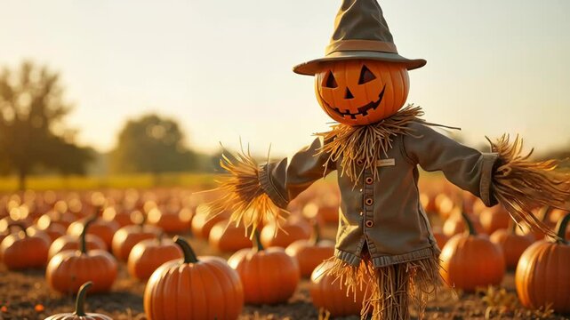 Scarecrow with a glowing pumpkin head in a pumpkin field at sunset, evoking the spirit of Halloween.