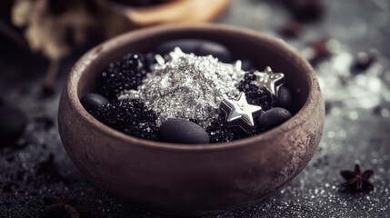 Decorative Bowl with Black Rocks and Sparkling Silver Elements
