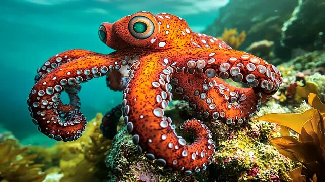 Amazing Orange Octopus Sitting on the Coral Reef Beautiful Underwater Footage Close Up