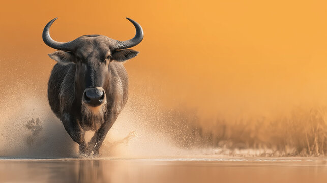 Charging Water Buffalo at Sunset: A powerful water buffalo charges through shallow water, kicking up a spray of mud and water, silhouetted against a vibrant orange sunset.