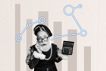 Full 3d zine pop trend collage of happy old nobleman businessman hold phone graph progress chart...