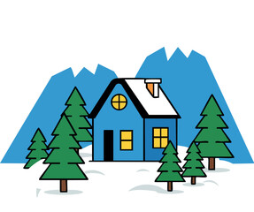 Naklejka premium Mountain cabin surrounded by pine trees with snowy landscape and blue sky vector illustration 