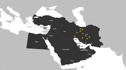 Middle East detailed territories. Map of the Middle East with a country name. Vector