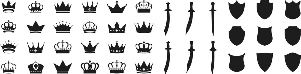 Crown silhouette collection, royal luxury crown set. Swords in flat style. Ancient and medieval swords, shields