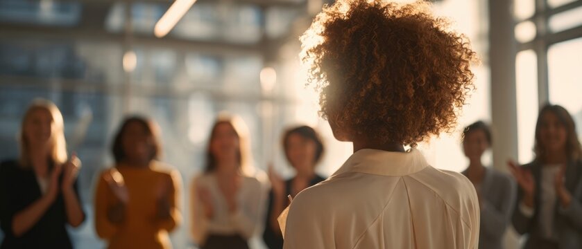 The inspiring female leader addressing her supportive team in the office.