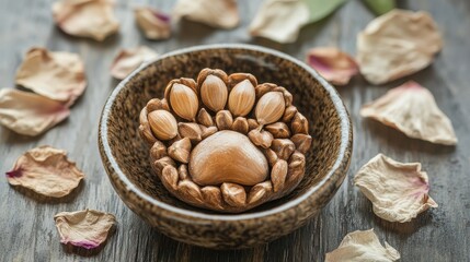 Decorative Bowl with Natural Seeds and Petals on Rustic Table