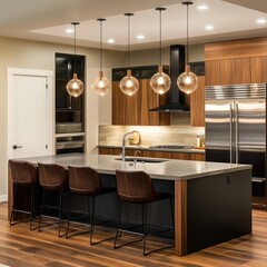 Modern kitchen island with pendant lights and stainless steel appliances. Light, airy, and stylish design with warm tones
