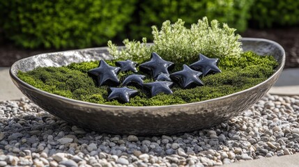 Decorative Bowl with Star Accents and Fresh Green Moss Display