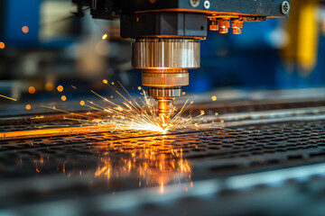 Industrial laser cutting process with sparks and metal reflections