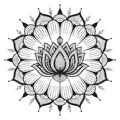 Intricate black and white mandala design featuring a central lotus flower with radiating petal like patterns and decorative elements