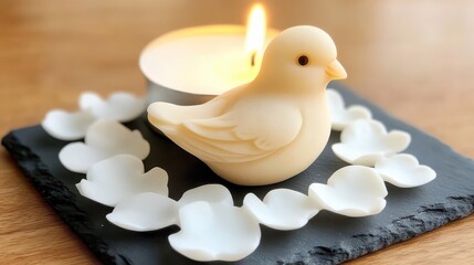 Decorative Candle Bird on Slate with Flower Petals and Light Flame