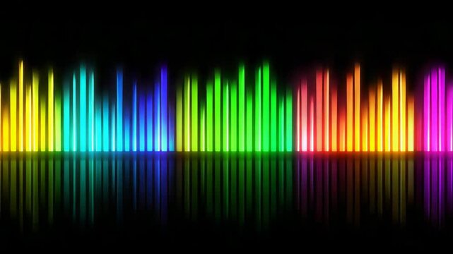 Colorful neon music bars pulsing in random rhythmic patterns, glowing rainbow gradients, digital equalizer display on a pure black background, futuristic audio visualizer