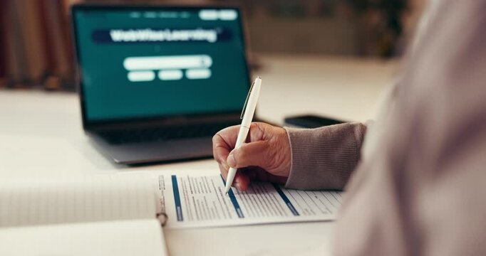 Laptop, form and hands of woman writing on paper for application and schedule in home. Checklist, freelance course and senior female person in apartment with diary, registration or education program