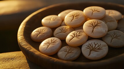 Decorative carved stones with tree designs in warm sunlight setting