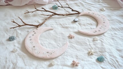 Decorative Celestial Moon Ornaments on Soft Neutral Fabric Background