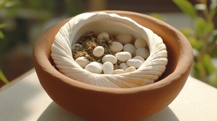 Decorative Clay Bowl with Seashell and White Pebbles Arrangement