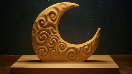 Decorative Clay Moon Sculpture with Swirl Patterns on a Wooden Base