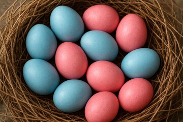 A nest filled with blue and pink eggs, symbolizing a new beginning or hope