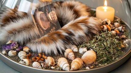 Decorative Coastal Display with Shells, Candle, and Fur Accents