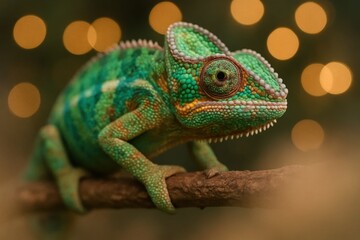 Fototapeta premium A vibrant green chameleon with striking orange spots sits poised on a twig against a bokeh backdrop, exuding an air of quiet confidence
