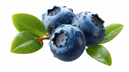 Fresh blueberries with green leaves glisten with water drops against a dark backdrop, showcasing their vibrant color and texture.