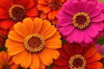A close-up of a bouquet of zinnias in full bloom, showcasing their vivid hues and intricate petal patterns