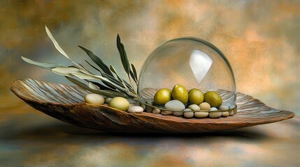 Decorative Dish with Olive Branch, Stones, and Glass Dome Display