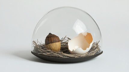 Decorative Display of Eggshell and Acorn in Glass Dome