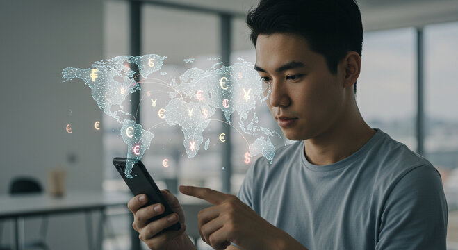 Young man uses smartphone to interact with a holographic global financial network