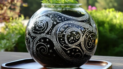 Decorative Fish Bowl with Starry Design and Green Plant Inside