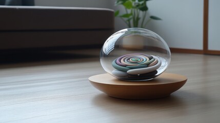 Decorative Glass Display with Colorful Stones in Modern Interior Setting