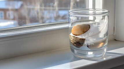 Decorative Glass Container with Feather and Seashell by Window