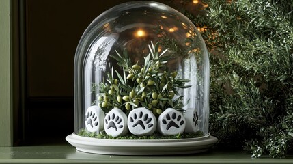 Decorative Glass Dome with Greenery and Paw Print Stones
