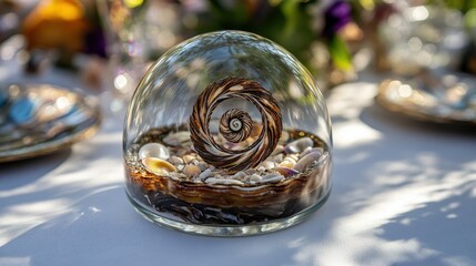 Decorative Glass Dome with Shells and Natural Elements on Table
