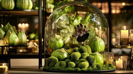 Decorative Glass Dome with Green Fruits and Moss Display Arrangement