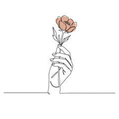 Hand holding flower in minimalist line art style  