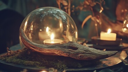 Decorative Glass Dome with Wood and Candles in Romantic Setting