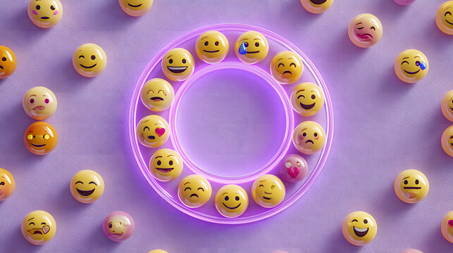 3D Emojis Circle Happy Sad and InLove Faces on Purple Background