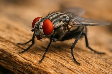 Close-up of a fly with striking red eyes perched on a wooden surface