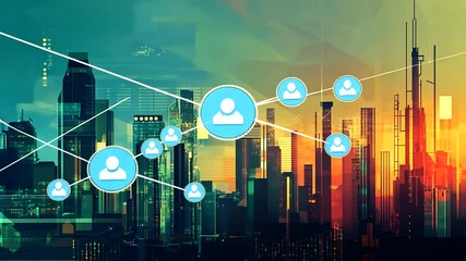 Digital city network with connections and data flow over skyline, futuristic urban landscape - Powered by Adobe