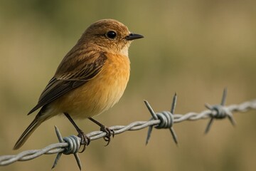 Fototapeta premium A small bird perches on a barbed wire fence, its gaze reflecting the quietude of nature