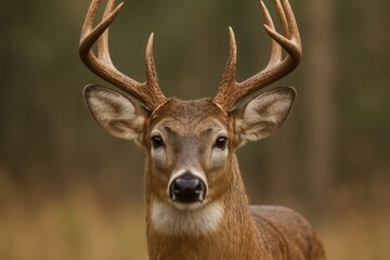 A majestic deer stands tall in the forest, its gaze meeting ours with a calm and steady presence