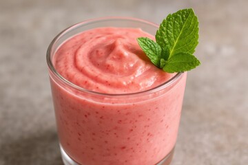 Savor the freshness of summer with this vibrant strawberry smoothie, garnished with a sprig of mint