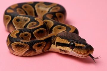 Obraz premium A striking Papuan python lies coiled on a pink backdrop, its vibrant pattern and serpentine form capturing the essence of this exotic reptile